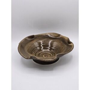 Studio Pottery Brown Glazed Bowl Organic Form Scalloped Rim Hand Thrown 9.5"